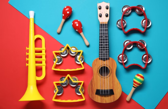 Instrumentos musicales infantiles en una composición colorida para la iniciación musical