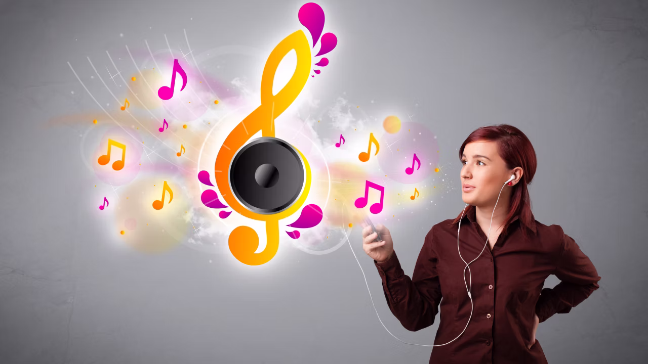 Joven adolescente disfrutando de la música durante una clase creativa, con fondo moderno de notas musicales e instrumentos en Madrid