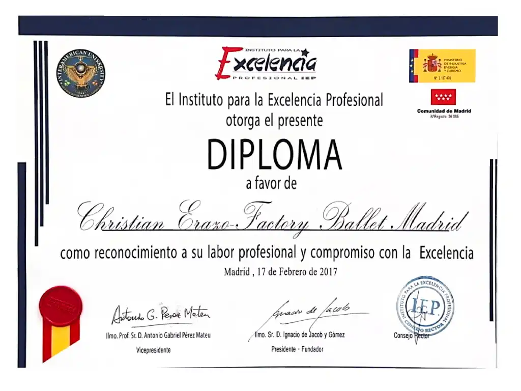 Diploma del Instituto para la Excelencia Profesional otorgado a Christian Erazo en reconocimiento a su labor profesional